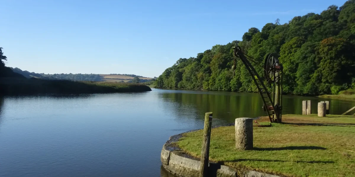 The peaceful River Tamar at Cotehele Quay on a hot summer morning