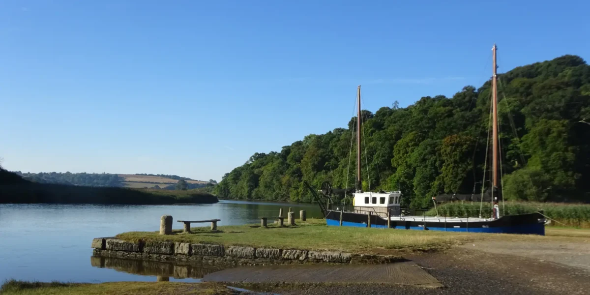 The tranquil River Tamar at Cotehele Quay on a hot summer morning